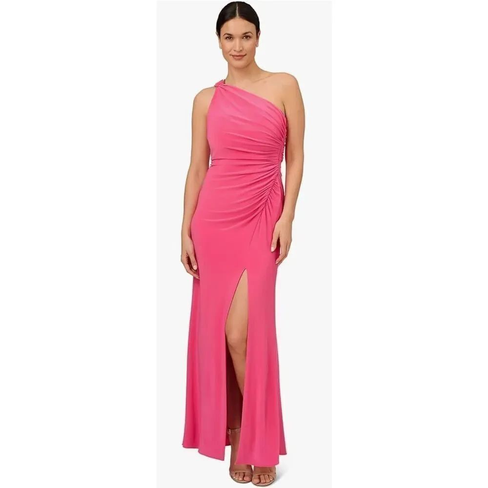 Adrianna Papell Floral Print Chiffon Gown with One Shoulder Neckline -8